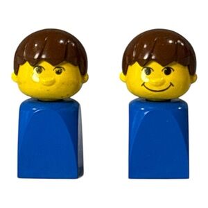 2 Vintage 1.5" Lego Basic Finger Puppet Figures Blue/Brown Hair Toy People